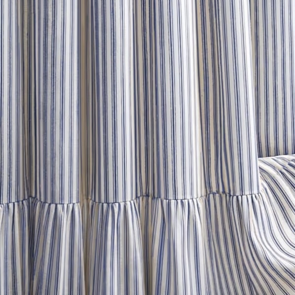 Farmhouse Shower Curtain with Ruffle Hem Linen Shower Curtains for Bathroom Country Vintage Rustic Natural Fabric, Cream-Blue Stripe 72" W x 96" L