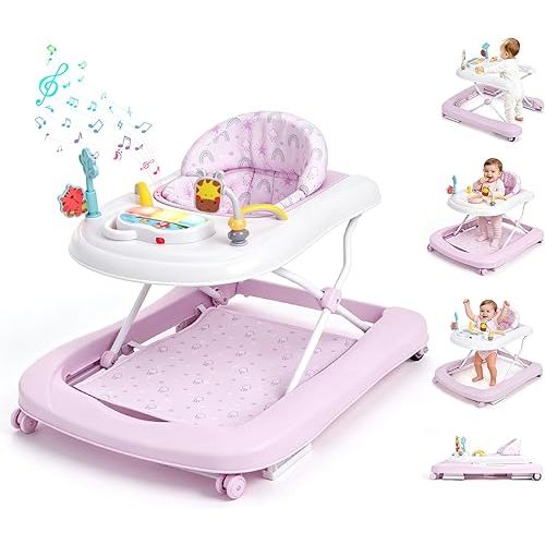 Baby Walker with Wheels, 5-in-1 Foldable Push Walker for Girls, Pink