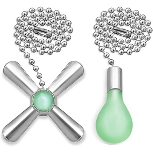 Silver Ceiling Fan Pull Chain Set, 2Pack 3mm Diameter Beaded Fluorescent Decorative Pendant Extension, 12in Lighting & Fan Chain Extender with Connector Glow in The Dark(Silver)