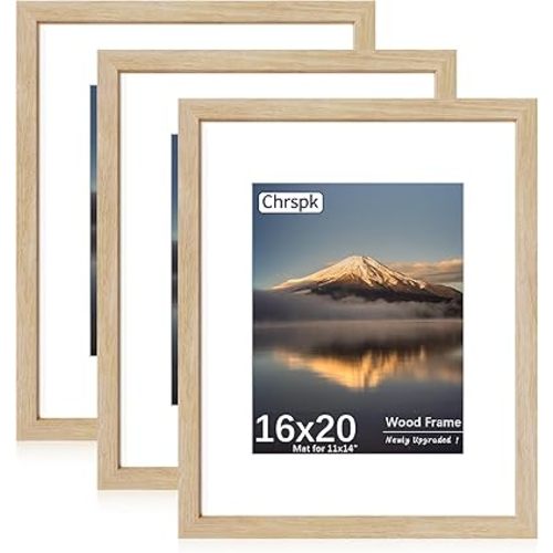 16x20 Poster Frame, Display Pictures 11X14 with Mat or 16x20 Without, Wall Hanging Frames, Natural Oak, 3 Pack