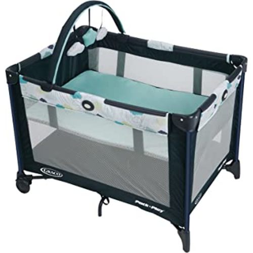 Graco Pack and Play On the Go Playard | Includes Full-Size Infant Bassinet, Push Button Compact Fold, Stratus , 39.5x28.25x29 Inch (Pack of 1)