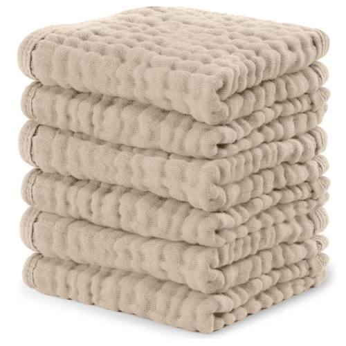 Comfy Cubs Muslin Baby Washcloths 6 Pack - Soft 6-Layer Cotton Wash Cloths for Sensitive Skin - 10"x10" Large, Gentle, Absorbent Infant Essentials for Newborn and Toddlers - Sand