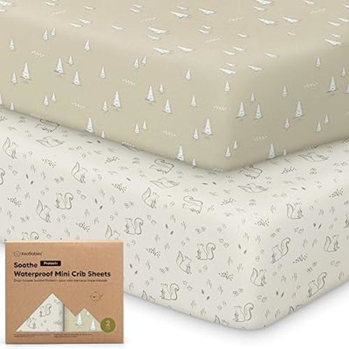 2 Pack and Play Sheets, Waterproof Mini Crib Sheets Fitted - 38x26 Organic Cotton Pack N Play Sheets for Graco Pack and Play Mattress, Playard Baby Crib Sheets,Neutral for Boy,Girl,Toddler(Pine Grove)