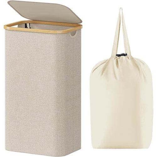Lifewit 100L Laundry Basket with Lid, Clothes Hampers for Laundry with Bamboo Handles and A Removable Laundry Bag, Large Foldable Laundry Hamper for Bedroom, Bathroom, Dorm, Laundry Room, Beige