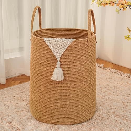 Large Woven Laundry Basket Hamper,60L Cotton Rope Storage Bin for Blankets,Toys and Clothes,Decorative Tall Nursery Hamper for Living Room,Baby Nursery,Bathroom and Bedroom,Golden Jute