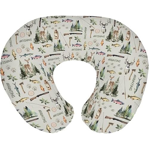 Fishing Hunting Baby Nursing Pillow Covers for Boy Girl Bass Fish Deer Paws Green Forest Nursery Pillowcase for Breastfeeding Pillows Nature Hunting Animals Soft Stretchy Slipcover for Newborn Infant