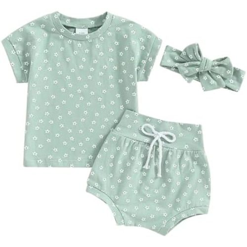 FYBITBO Newborn Baby Girls Clothes Floral Short Sleeve T-Shirt Top Flower Shorts Headband Set Casual Infant Summer Outfits