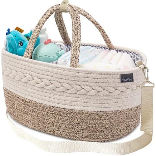 Baby Diaper Caddy Organizer, Shoulder Strap Buckle, 4 Inner Pockets Portable Nursery Storage Basket with Detachable Compartments,100% Cotton Woven Bin (Small, Yellow)