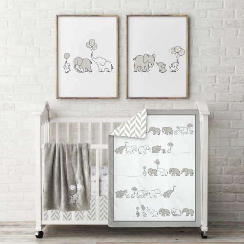 Manhattan Kids Elephant Parade Nursery Bedding Set | 4-Piece Neutral Crib Sheet & Nursery Décor Set | Soft Elephant Theme for Boys & Girls
