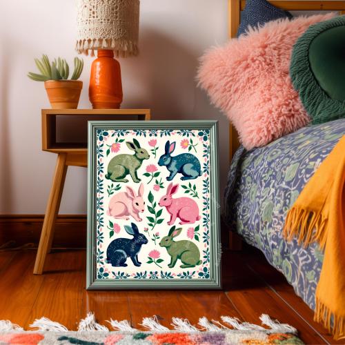Rabbits Art Print - Playful Luxury Home Decor - Woodland Forest Wall Art Pine Tree Cute Rustic Wall Art