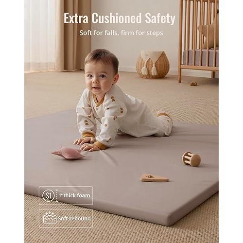 Blissful Diary Vegan Leather Baby Play Mat, 50x50 Thicken Foam Cushioned & Waterproof Playpen Mat for Infants and Toddlers, Stylish and Just Wipe-Clean Playmat for Baby Play on Floor, Brown Gray