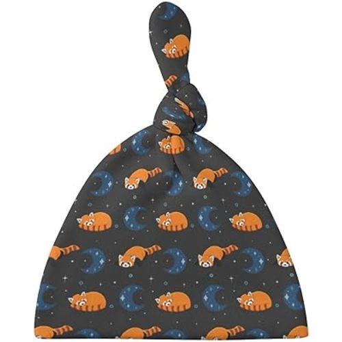 Moon and Red Panda Baby Newborn Hat Set Top Knot Beanie Soft Baby Hat
