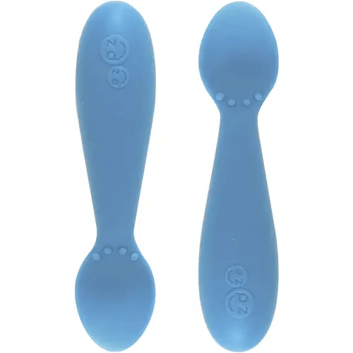 ezpz Tiny Spoon (2 Pack in Blue) - 100% Silicone Baby Spoon for Baby Led Weaning + Purees - 6 months + - Designed by a Pediatric Feeding Specialist - Baby Essentials & Baby Gifts