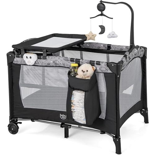BABY JOY 3 in 1 Pack and Play, Portable Baby Playard with Bassinet, Changing Table, Lockable Wheels, Glowing Music Box, Travel Baby Crib Bassinet Bed from Newborn to Toddler