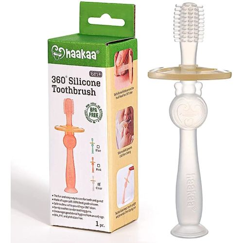 haakaa 360° Baby Toothbrush with Suction Base - Gentle Cleaning for Infant Self-Brushing Training, Food-Grade Silicone, Adjustable Safety Shield - Translucent (1 Piece) - Clear