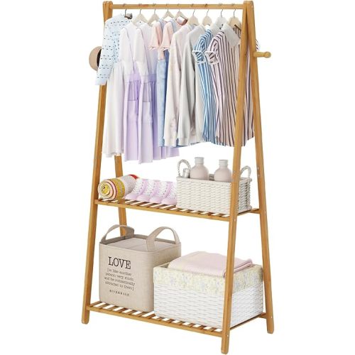 Kids Clothing Rack for Hanging Clothes Portable Clothes Rack Wooden Drying Rack Clothing Standing Bamboo Garment Rack with Shelves Laundry Rack for Drying Clothes Indoor