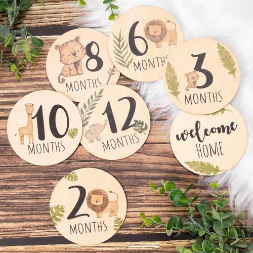 Baby Monthly Milestone Cards Sign - 7 Double Sided Animals Marker Wooden Circles Discs Newborn Photography Prop, Pregnancy Journey Birth Announcement Sign Baby Boy and Girl Gift Sets
