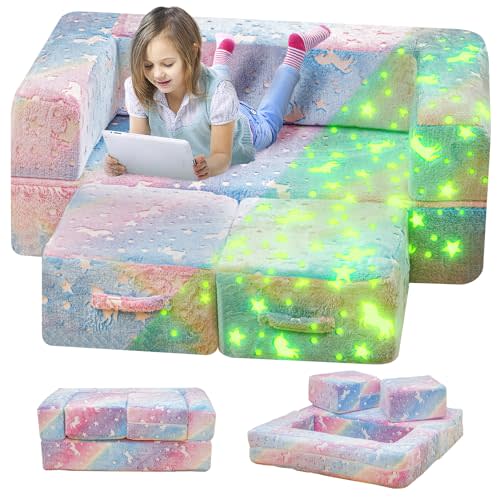 furlinkhm Modular Kids Play Couch, Glow in The Dark Kids Play Couch Toddler Couch,Kids Couch for palyroom, Convertible Baby Fold Out Play Foam and Floor Cushion for Bedroom (Rainbow+Unicorn)