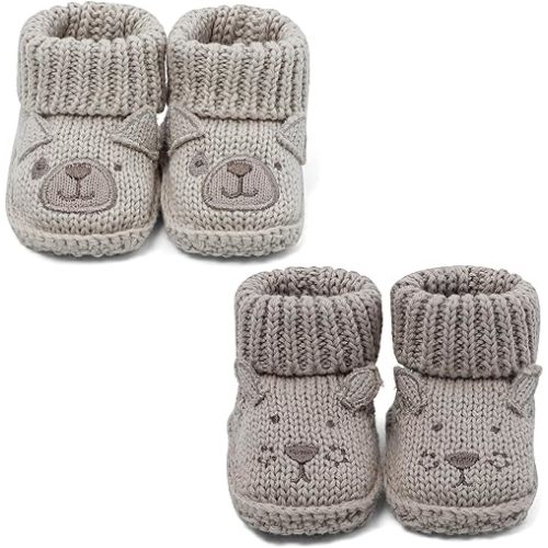 Newborn Knit Booties Soft Baby Sock Boots for Infant Boys Girls First Walkers 2 Pairs, 0-3 Months