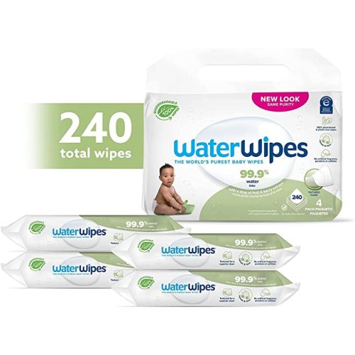 WaterWipes Plastic-Free Textured Clean, Toddler & Baby Wipes, 99.9% Water Based Wipes, Unscented & Hypoallergenic for Sensitive Skin, 240 Count (4 packs), Packaging May Vary