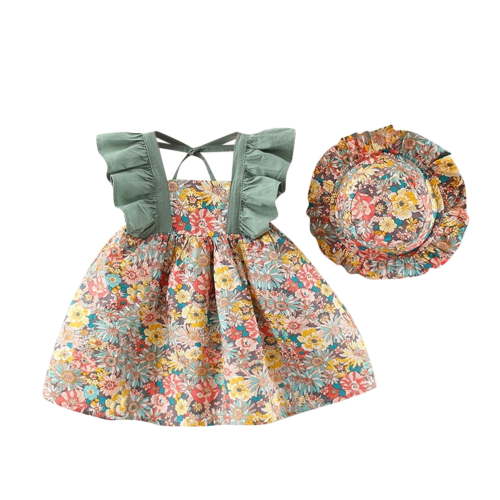 ZHUASHUM Toddler Baby Girls Summer Princess Dresses Vacation Sleeveless Hat Set Ruffles Floral Dress Green 12-18 Months