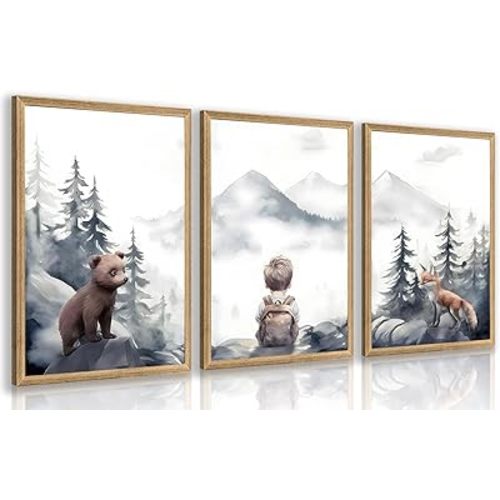 kilamino Neutral Woodland Wild Animal Wall Art, Cute Bear Fox Nursery Wall Decor, Adventure Boy Poster Prints, Vintage Forest Animal Canvas Paintings for Baby Room Playroom Wood Framed 12"x16"x3