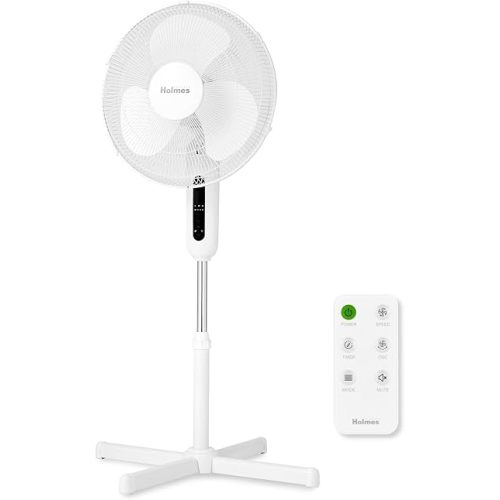 Holmes 16" Digital Stand Fan, 80° Oscillation, 3 Speeds, 3 Modes, 7.5-Hour Timer, Adjustable Height, 30° Head Tilt, Ideal for Home, Bedroom or Office, Remote Control, White