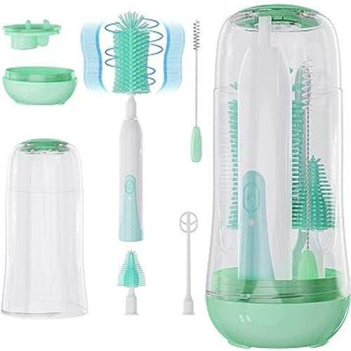 VSTM Electric Travel Baby Bottle Brush Set, Electric Bottle Cleaner, Silicone Water Bottle Brush, Nipple & Straw Brush, Milk Frother and Drying Drainage Rack (Green)