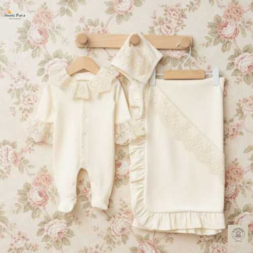 Baby Girl Lace Set – 100% Natural Cotton Romper, Bonnet, Blanket