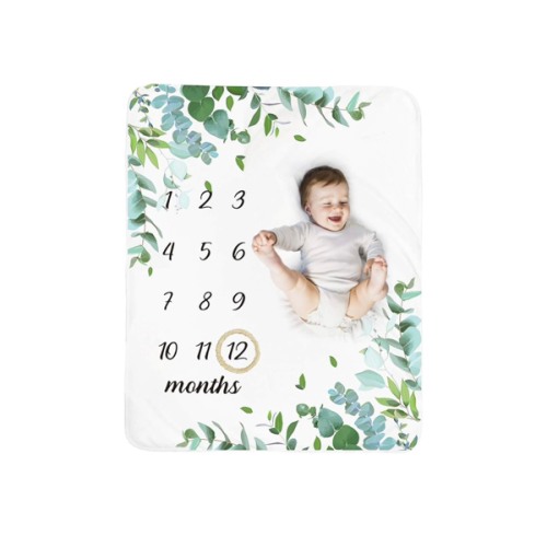 Baby Monthly Milestone Blanket Boy - Neutral Leaf Newborn Month Blanket for Boy & Girl Personalized Shower Gift Soft Plush Fleece Photography Background Prop with Wooden Wreath Large 51''x40''