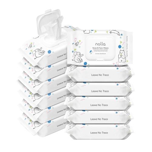 Nolla Nose and Face Wipes for Babies & Kids with Saline, Vitamin E, & Aloe | Unscented | Compostable, 360 Count (12 Packs of 30)