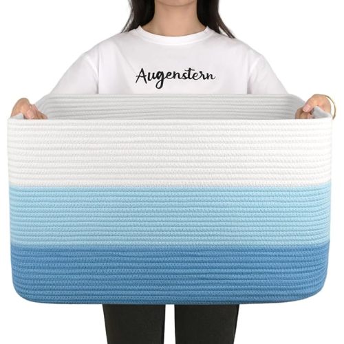OIAHOMY Large Blanket Basket, 22”x17”x12” Rectangle Woven Baskets, Nursery Blanket Storage Living Room, Toy Storage With Handle, Large Baskets for Organizing-Gradient Light Blue