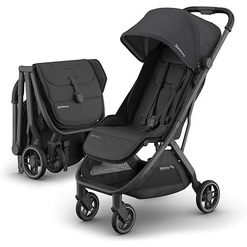 UPPAbaby Minu V3 Travel Stroller | Lightweight + Compact Design | One-Hand Fold + Unfold | from Birth + Overhead Compatible | Jake (Charcoal/Carbon Frame/Black Leather)