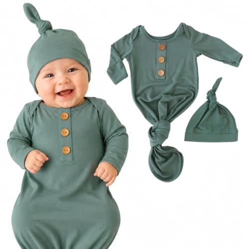 Caden Lane Newborn Knotted Gown with Hat, Soft Bamboo Viscose Baby Sack, Unisex Infant Breathable Night gown Emerald