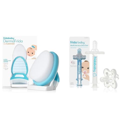Frida Baby The 3-Step Cradle Cap System, DermaFrida The FlakeFixer, Sponge, Brush, Comb and Storage Stand + Frida Baby Medicine Pacifier, Medicine Syringe & Accu-Dose Pacifier