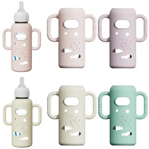 4 Pack Silicone Sleeves for Dr. Brown's Glass Bottles - Drop Protection Bottle Sleeves,Compatible with Dr. Brown's Newborn Glass Bottles,with Silicone Handles,8 oz