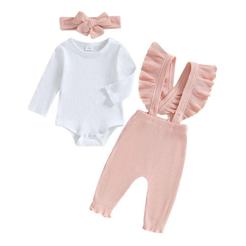 Baby Girls 3Pcs Ribbed Long Sleeve Romper with Ruffle Trim Overalls Pa – August + Willow