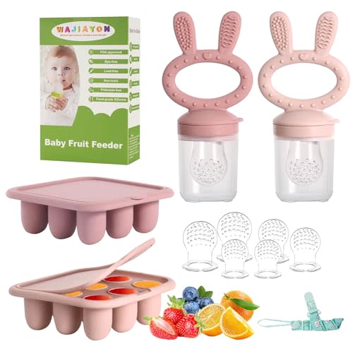 WAJIAYON Baby Breastmilk Popsicle Molds & Baby Fruit Feeder (4 Pack), Baby Food Freezer Tray Storage Containers, Silicone Teething Pacifier Feeder and Teether for Babies,Baby Feeder(Pink&Purple)