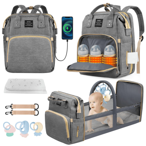 Waterproof Diaper Backpack with Crib, Multifunctional Baby Changing Bag, Large Capacity, USB Port (Gray)