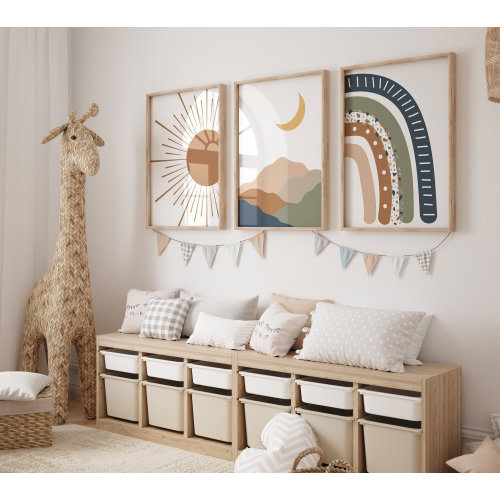 Boho Nursery Print Set of 3, Sun Rainbow Moon Baby Room Posters, Gender Natural Baby Room Decor, Kids Playroom, Mid Century Abstract Prints