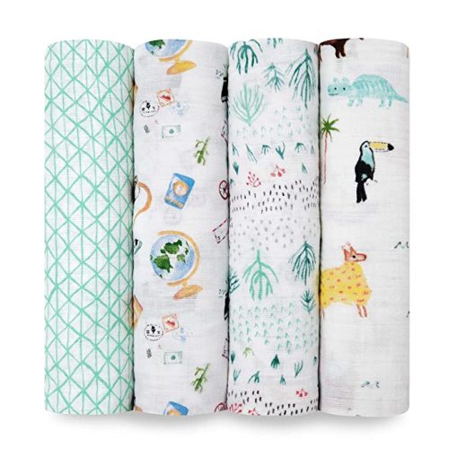 aden + anais Swaddle Blanket, Boutique Muslin Blankets for Girls & Boys, Baby Receiving Swaddles, Ideal Newborn & Infant Swaddling Set, 4 Pack, Around The World - Around the World