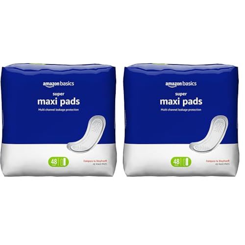 Amazon Basics Maxi Pads for Periods- Thick, Super Absorbency, Unscented, 96 Count, (2 Packs of 48)