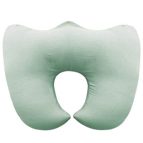 MOIICARE Muslin Nursing Pillow for Breastfeeding, 100% Cotton Cover Original Plus Size Breastfeeding Pillows for More Support for Mom and Baby, Removable Muslin Cover, Green