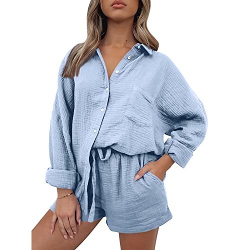 AUTOMET 2 Piece Sets For Women Lounge Wear Matching Two Piece Pajama Fashion Oversized Shirts And Shorts Spring Outfit 2026