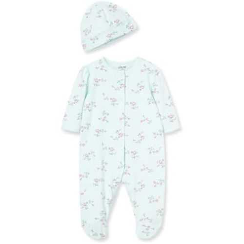 Little Me Clothes for Baby Girls 100% Cotton Scratch-Free Tag Footed One-Piece Romper and Hat Sleeper Set Preemie to 9 Months