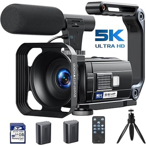 Camcorder Video Cameras, 5K 56MP Vlogging Camera with Night Vision, WiFi, 3” 270° Rotatable Touchscreen Vlog Camera Youtube with 64GB SD Card, Microphone, Stabilizer, Remote, Batteries, Tripod
