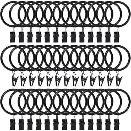 44pcs Curtain Rings with Clips Hooks 1.5 inch Rustproof Matte Metal Stainless Steel Drapery Rings for Tension Rod Bracket Eyelets Decorative Hangers, Vintage Black (1.5" Interior Diameter)