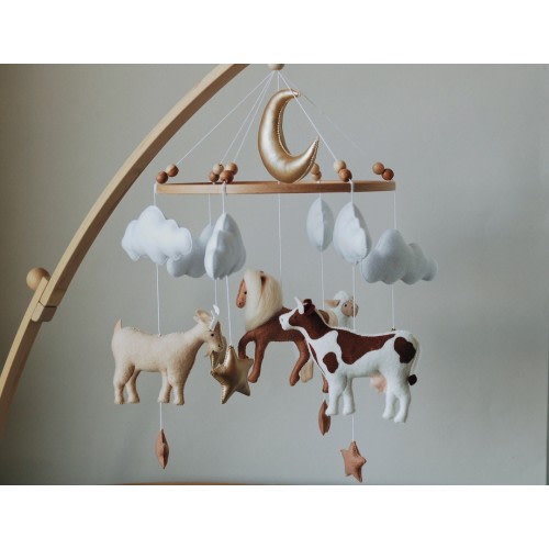 Farm Baby Mobile | cow, horse, goat, sheep neutral animals nursery felt crib moon and clouds