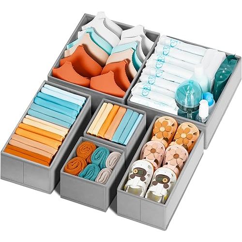 Criusia Drawer Organizer Clothes 6 Pack - Sock Underwear Drawer Organizer Divider - Dresser Organizer Bins for Closet Bedroom - Baby Clothes Organizers and Storage for Nursery Organization -Grey