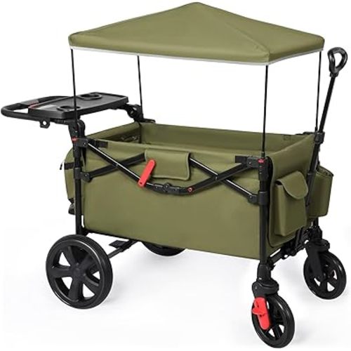 EVER ADVANCED Foldable Wagons for Two Kids & Cargo, Collapsible Folding Wagon Stroller with Adjustable Handle Bar,Removable Canopy with 5-Point Harness,Green